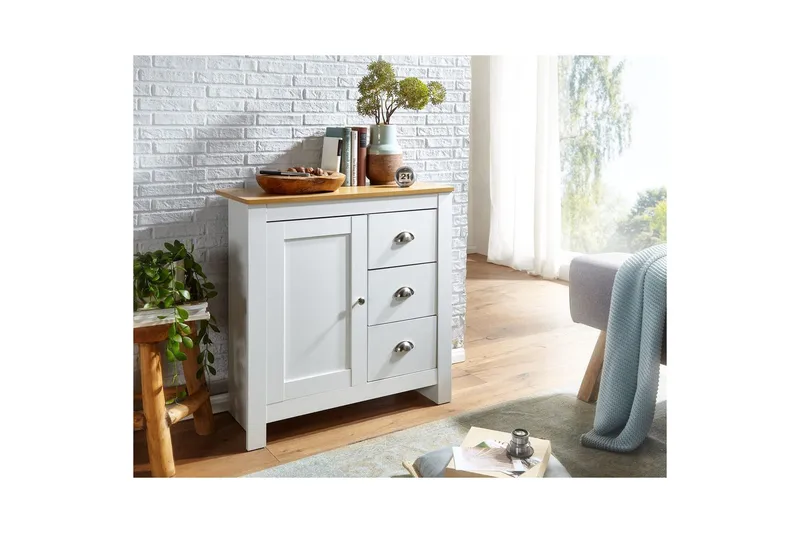 Byrå Wohnling med 3 lådor 2 dörrar tvåfärgad vit ek lantlig stil - Products - Förvaring - Förvaringsmöbler - Byrå - Hallbyrå