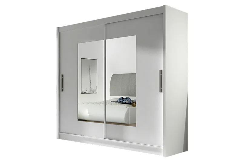 Prag Garderob med Skjutdörrar Smal fyrkantig spegel 180 cm, Vit