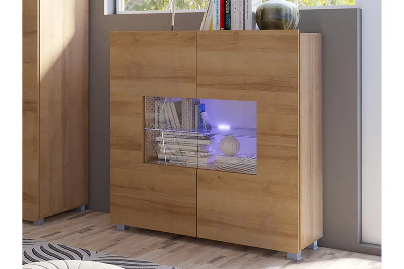 Frick Vitrinskåp Vit LED Belysning 35 cm djup 100 cm bred 107 cm hög Ljust Trä Ek Glas - Gyllene Ek/Vit Led-Belysning - Products - Förvaring - Skåp - Vitrinskåp