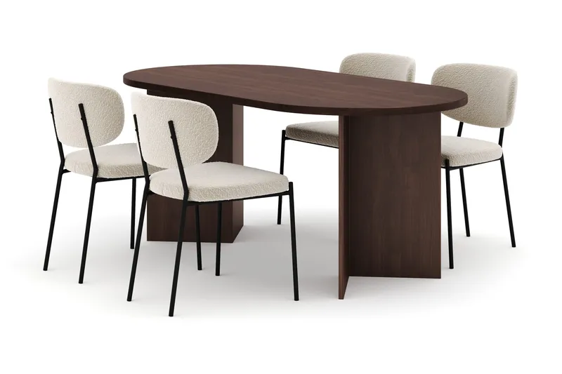 Dano Matbord 180 cm  med 4 Gemmiano Matstolar, Valnöt / Vit Bouclé