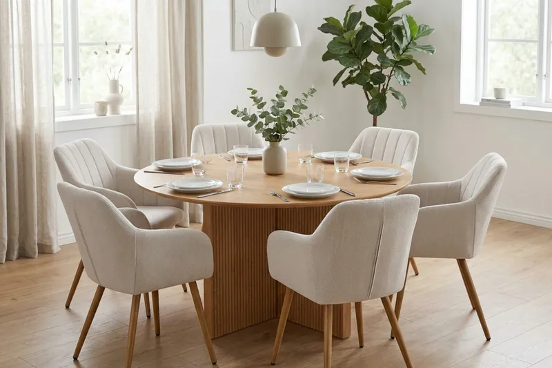 Edda Matgrupp runt 150 cm Ek med 6 Filippa Matstolar - Ek - Products - Möbler - Bord & matgrupp - Matgrupp