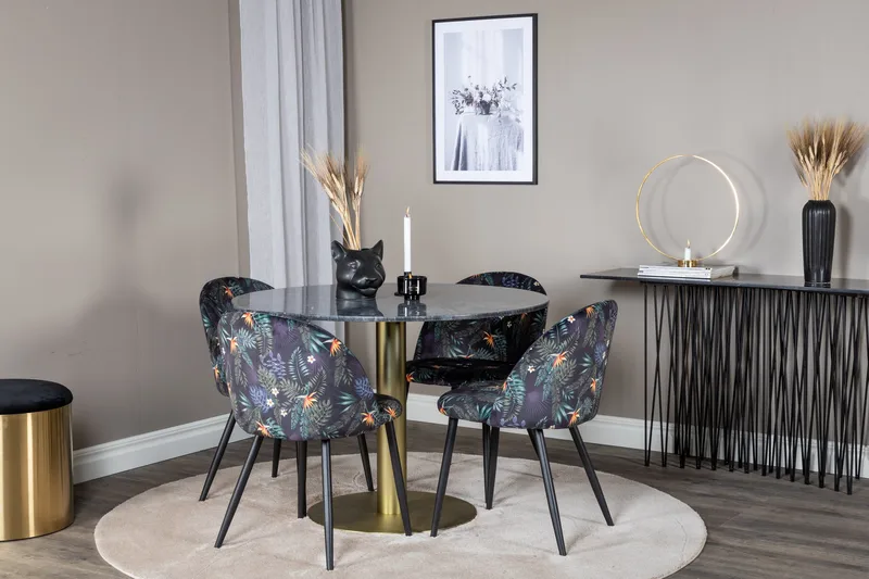 Estelle Matgrupp 106 cm Rund med 4 Velvet stolar - Svart/Guld - Products - Möbler - Bord & matgrupp - Matgrupp