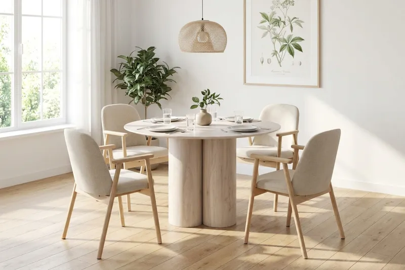 Juno Matgrupp runt 110 cm Vitlaserad med 4 Reciclar Matstolar - Vitlaserad - Products - Möbler - Bord & matgrupp - Matgrupp