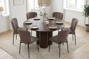Juno Matgrupp runt 130 cm Valnöt med 6 Elsie Matstolar - Valnöt/Grå - Products - Möbler - Bord & matgrupp - Matgrupp