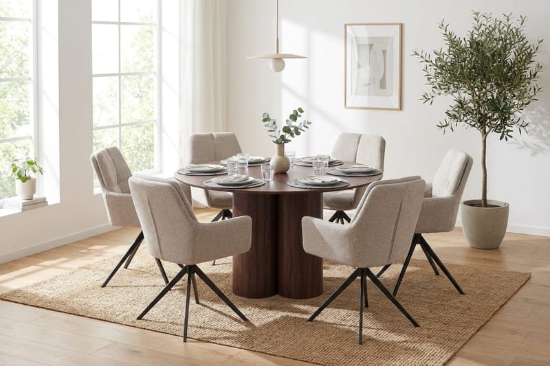 Juno Matgrupp runt 130 cm Valnöt med 6 Torsby Matstolar - Valnöt - Products - Möbler - Bord & matgrupp - Matgrupp