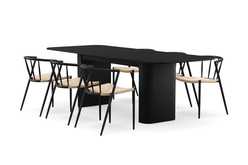 Kopparbo Matbord 180-240 cm Förl ängningsbart med 6 Winston Matstolar, Svart / Beige / Metallben Svart