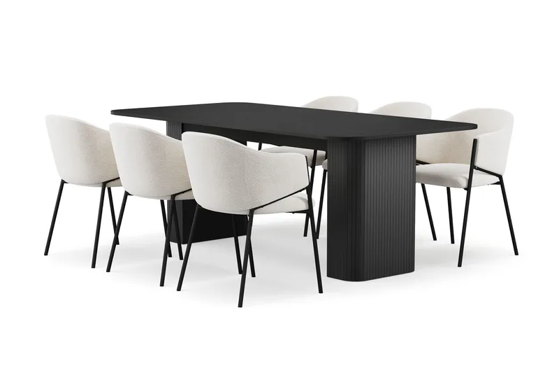 Kopparbo Matbord 200-260 cm Förlängningsbart med 6 Filip Matstolar, Svart / Vit Bouclé