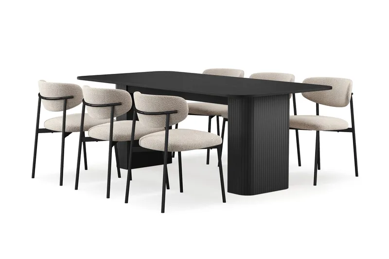 Kopparbo Matbord 200-260 cm Förlängningsbart med 6 Lucy Matstolar - Svart / Greige Bouclé / Metallben Svart - Products - Möbler - Bord & matgrupp - Matgrupp