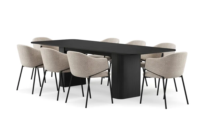 Kopparbo Matbord 200-260 cm Förlängningsbart med 8 Filip Matstolar, Svart / Taupe Bouclé