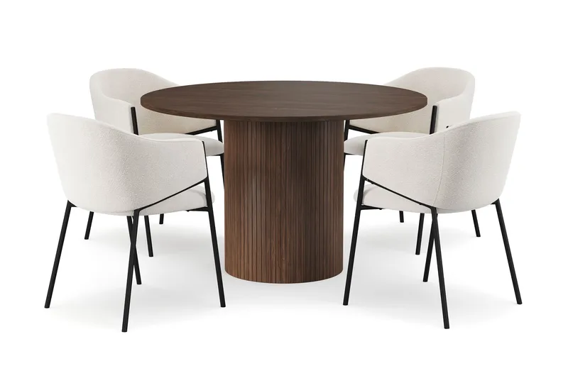 Kopparbo Runt Matbord 120 cm med 4 Filip Matstolar, Mörkbrun / Vit Bouclé