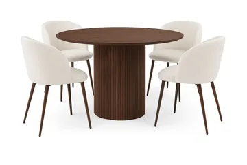 Kopparbo Runt Matbord 120 cm med 4 Greya Matstolar med armstöd - Mörkbrun / Vit Bouclé / Metallben Valnöt - Products - Möbler - Bord & matgrupp - Matgrupp