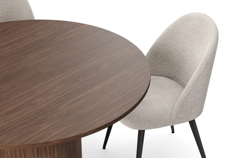 Kopparbo Runt Matbord 120 cm med 4 Nibe Plus Matstolar - Mörkbrun / Greige Bouclé / Metallben Valnöt - Products - Möbler - Bord & matgrupp - Matgrupp