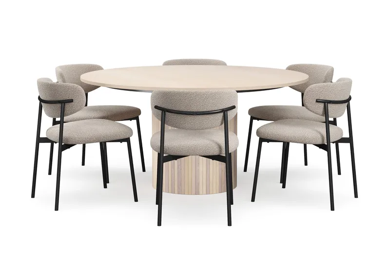 Kopparbo Runt Matbord 150 cm med 6 Lucy Matstolar, Vit / Greige Bouclé / Metallben Svart