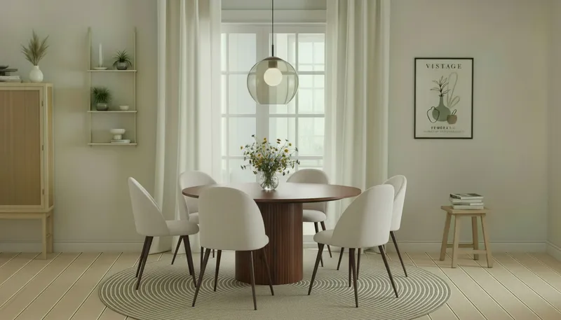 Kopparbo Runt Matbord 150 cm med 6 Nibe Plus Matstolar - Valnöt / Vit Bouclé / Metallben Valnöt - Products - Möbler - Bord & matgrupp - Matgrupp