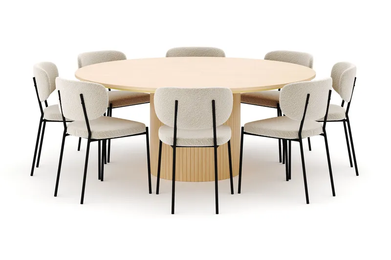 Kopparbo Runt Matbord 180 cm med 8 Gemmiano Stolar, Whitewash