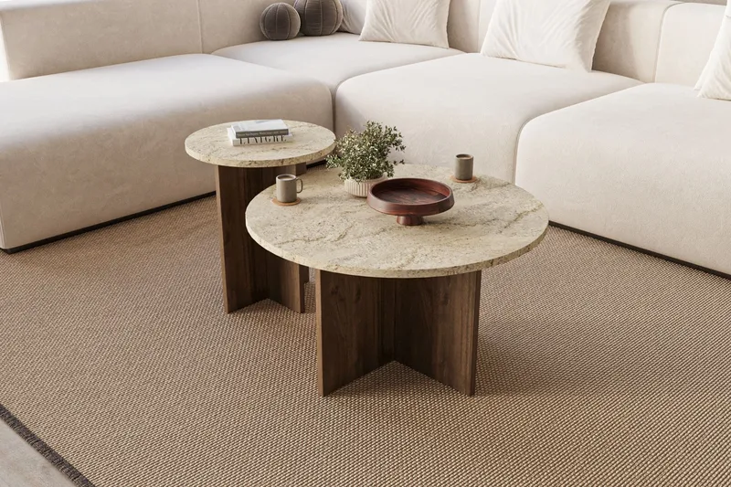 Lorricus Soffbord 70 cm Rund - Travertin Och Valnöt - Products - Möbler - Bord & matgrupp - Soffbord