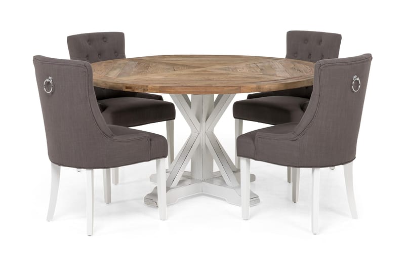 Lyon Matgrupp Ø150 cm Rund med 4 st Viktoria Stolar, Vintage Natur/Vit/Grå