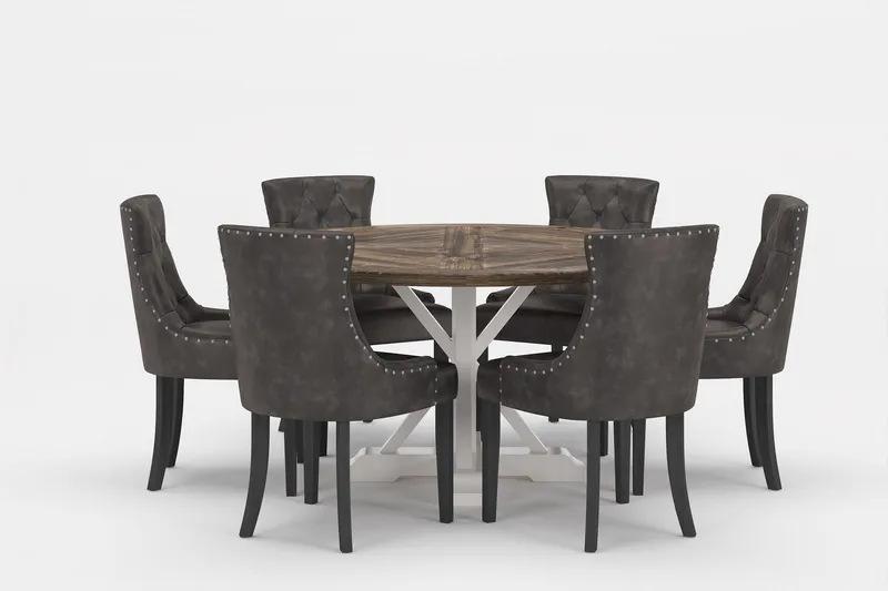 Lyon Premium Matgrupp Rund 150 cm + 6 st Tuva Matstolar, Grå/Brun