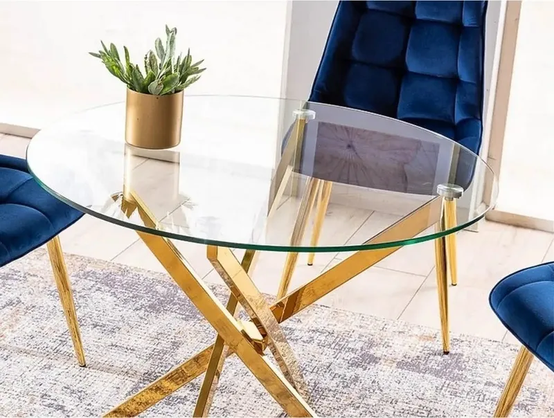 Matbord med glasskiva Ø90 cm guldiga bordsben, Guld