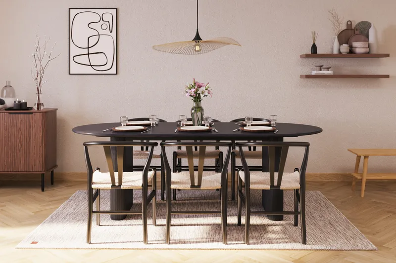 Noira Matgrupp 220 cm Massiv Ek med 6 Dastoori Matstolar - Svart - Products - Möbler - Bord & matgrupp - Matgrupp