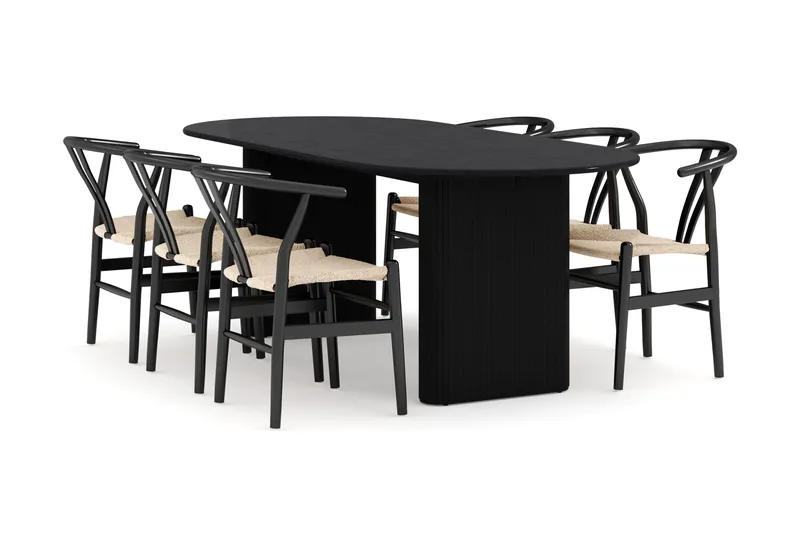 Noira Matgrupp 220 cm Massiv Ek med 6 Dastoori Matstolar, Svart