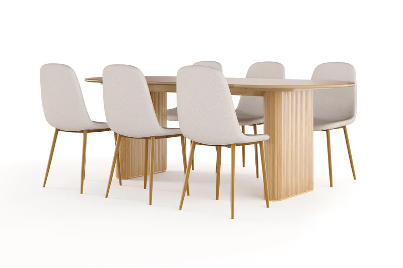 Noira Ovalt Matbord 220 cm EK +  6 st Nibe stol beige med ek ben, Natur/Beige