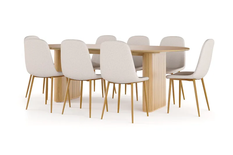 Noira Ovalt Matbord 220 cm EK +  8 st Nibe stol beige med ek ben, Natur/Beige