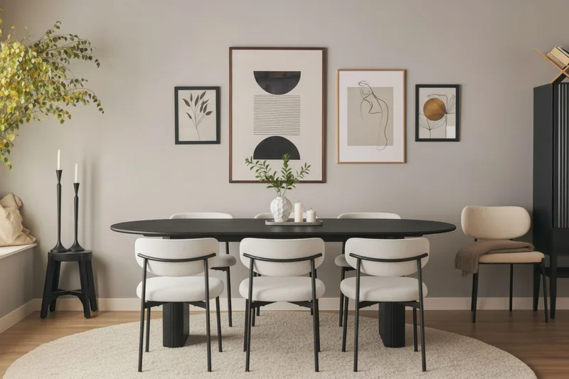 Noira Ovalt Matbord 220 cm med 6 Lucy Matstolar - Svart / Vit Bouclé / Metallben Svart - Products - Möbler - Bord & matgrupp - Matgrupp