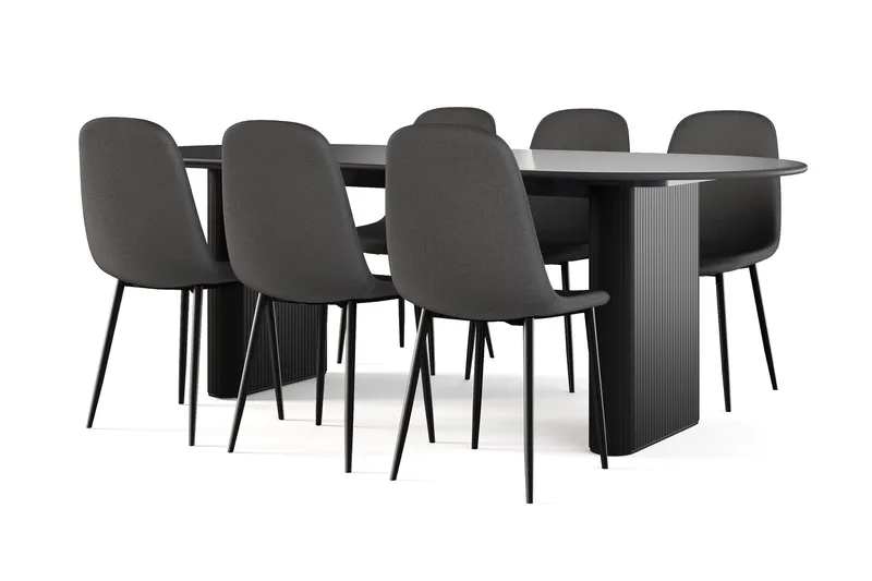 Noira Ovalt Matbord 220 cm Svart +  6 st Nibe stol svart med svarta ben, Svart