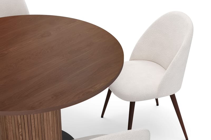 Noira Runt Litet Matbord Massiv Valnöt 120 cm med 4 Nibe Plus Matstolar - Brun / Vit Bouclé / Metallben Valnöt - Products - Möbler - Bord & matgrupp - Matgrupp