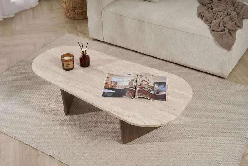 Omari Soffbord 130 cm - Travertin och valnöt - Products - Möbler - Bord & matgrupp - Soffbord