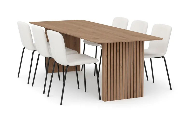 Richeto Matbord 180 cm med 6 Katy Matstolar, Naturlig finish / Vit Bouclé / Metallben Svart