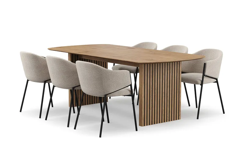 Richeto Matbord 210 cm med 6 Filip Matstolar, Naturlig finish / Taupe Bouclé