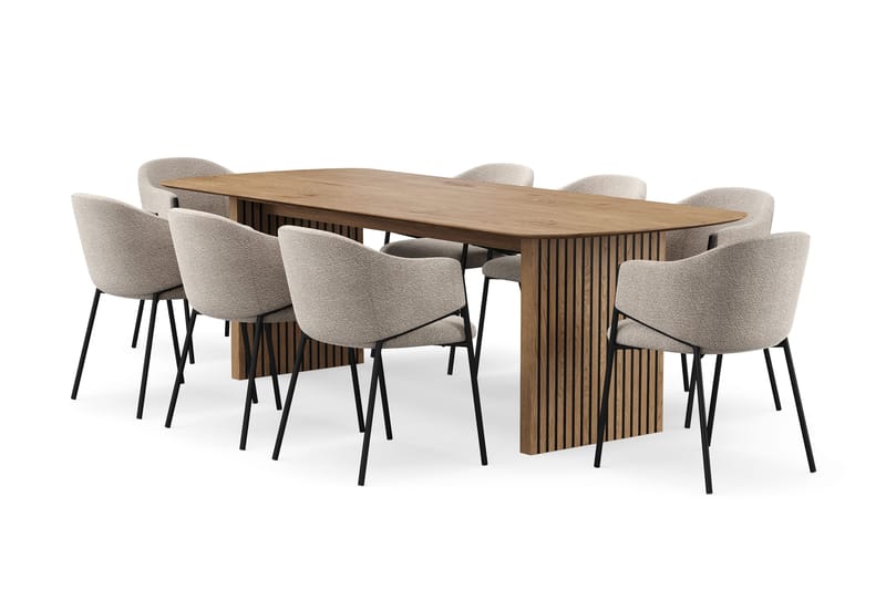 Richeto Matbord 240 cm med 8 Filip Matstolar, Naturlig finish / Taupe Bouclé