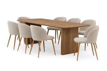 Richeto Matbord 240 cm med 8 Greya Matstolar med armstöd - Naturlig finish / Greige Bouclé / Metallben Ek - Products - Möbler - Bord & matgrupp - Matgrupp