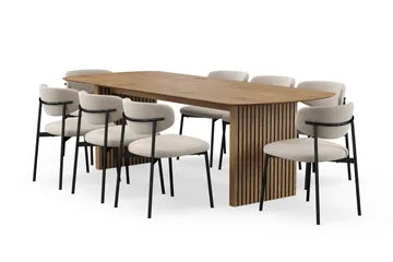 Richeto Matbord 240 cm med 8 Lucy Matstolar - Naturlig finish / Greige Bouclé / Metallben Svart - Products - Möbler - Bord & matgrupp - Matgrupp