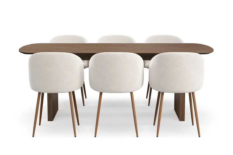 Richeto Matgrupp med 6 Greya Matstolar med Armstöd, Naturlig Finish/Vit Bouclé