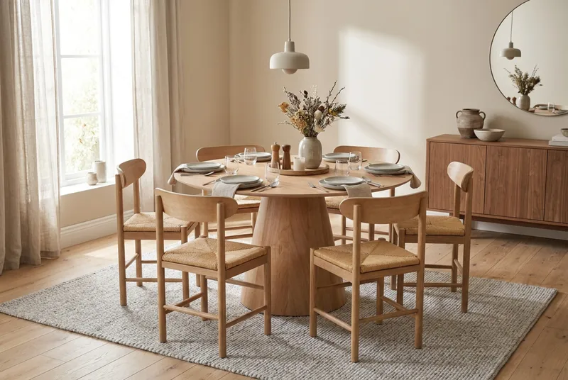 Siena Matgrupp runt 130 cm Ek med 6 Malte Matstolar - Products - Möbler - Bord & matgrupp - Matgrupp