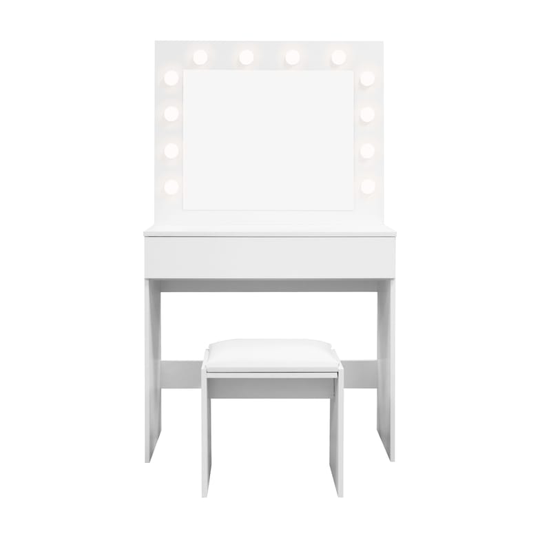 Glow Litet sminkbord 80 cm med spegel lådor och pall -  LED Belysning - Vit - Products - Möbler - Bord & matgrupp - Sminkbord & toalettbord