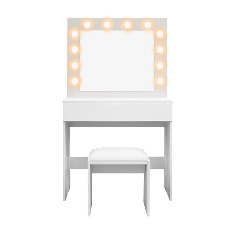 Glow Litet sminkbord 80 cm med spegel lådor och pall -  LED Belysning - Vit - Products - Möbler - Bord & matgrupp - Sminkbord & toalettbord