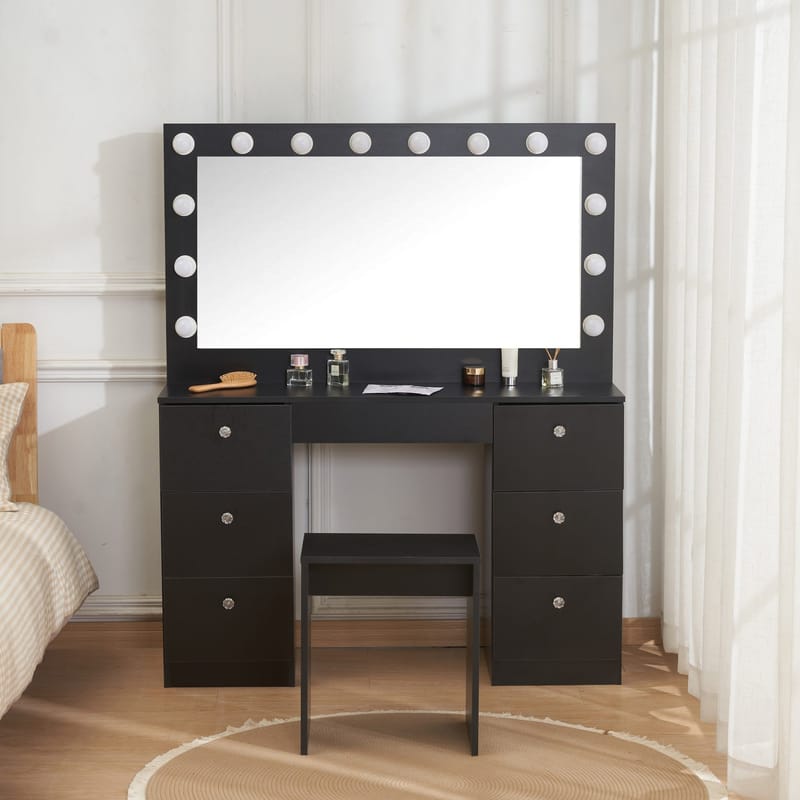 Sminkbord med belysning och kristall-handtag - Svart - Products - Möbler - Bord & matgrupp - Sminkbord & toalettbord