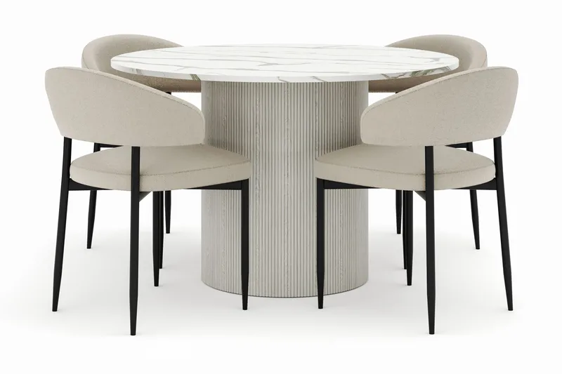 Uppveda Matbord 120 cm Rund med 4 Sawako Stolar, Vit