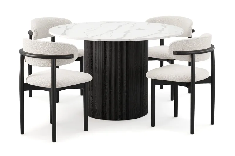 Uppveda Matbord 120 cm Rund med 4 st Jaiveer Matstolar, Svart/Vit