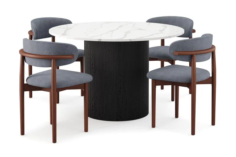 Uppveda Matbord 120 cm Rund med 4 st Jaiveer Matstolar, Svart/Vit