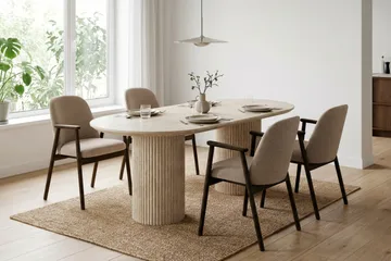 Uppveda Matgrupp 180 cm Oval Travertin med 4 Reciclar Matstolar - Travertin/Greige - Products - Möbler - Bord & matgrupp - Matgrupp