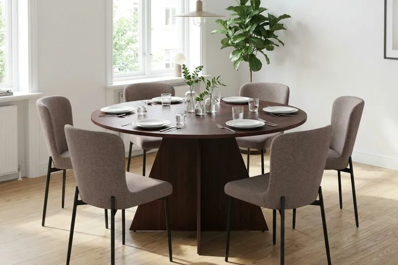 Vera Matgrupp runt 130 cm Valnöt med 6 Elsie Matstolar - Valnöt/Grå - Products - Möbler - Bord & matgrupp - Matgrupp