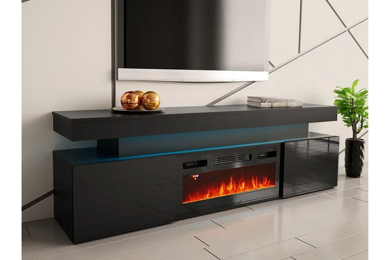 Glenndale Tv bänk med Förvaring + LED kamin + Belysning 190 - Svart - Products - Möbler - TV- & Mediamöbler - TV-skåp