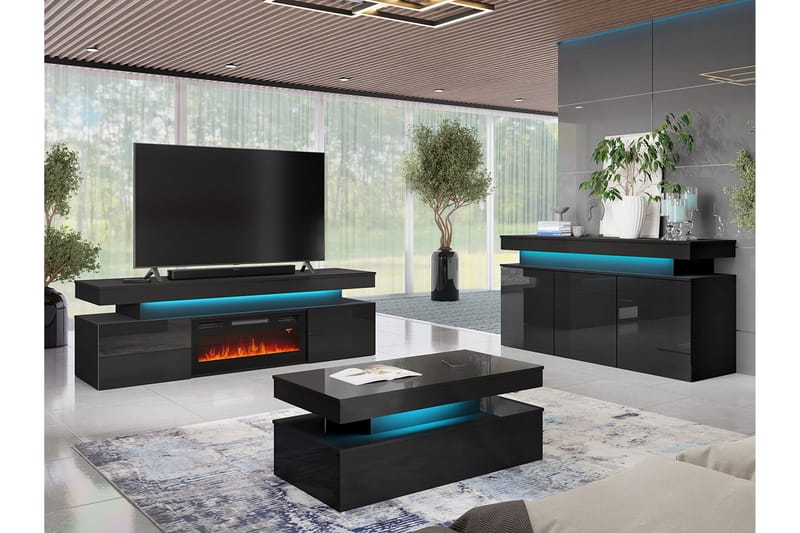 Glenndale Tv bänk med Förvaring + LED kamin + Belysning 190 - Svart - Products - Möbler - TV- & Mediamöbler - TV bänk & mediabänk