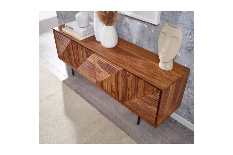 Lowboard Wohnling Massivt trä med förvaring, 4 dörrar, tryck för att öppna, lantlig stil - Products - Möbler - TV- & Mediamöbler - TV bänk & mediabänk