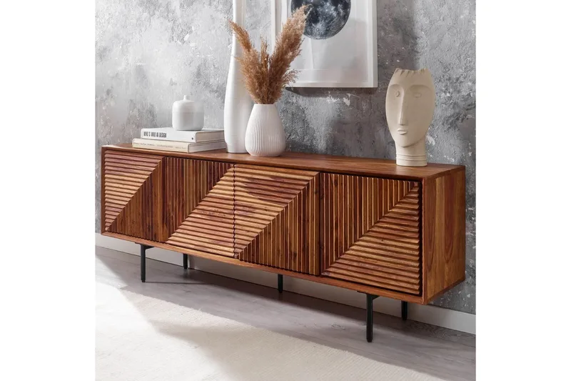 Lowboard Wohnling Massivt trä med förvaring, 4 dörrar, tryck för att öppna, lantlig stil - Products - Möbler - TV- & Mediamöbler - TV bänk & mediabänk